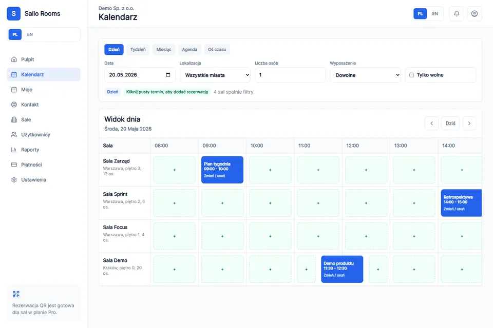 Kalendarz dostępności sal w Salio Rooms