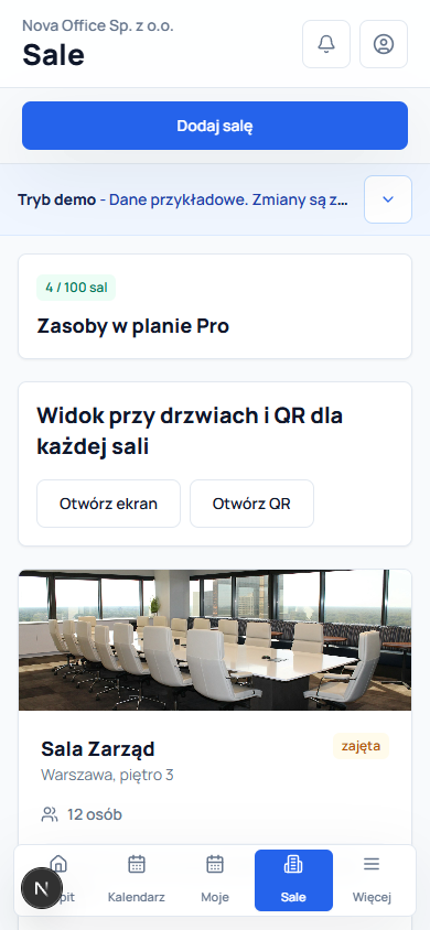 Rzeczywisty widok aplikacji mobilnej Salio Rooms